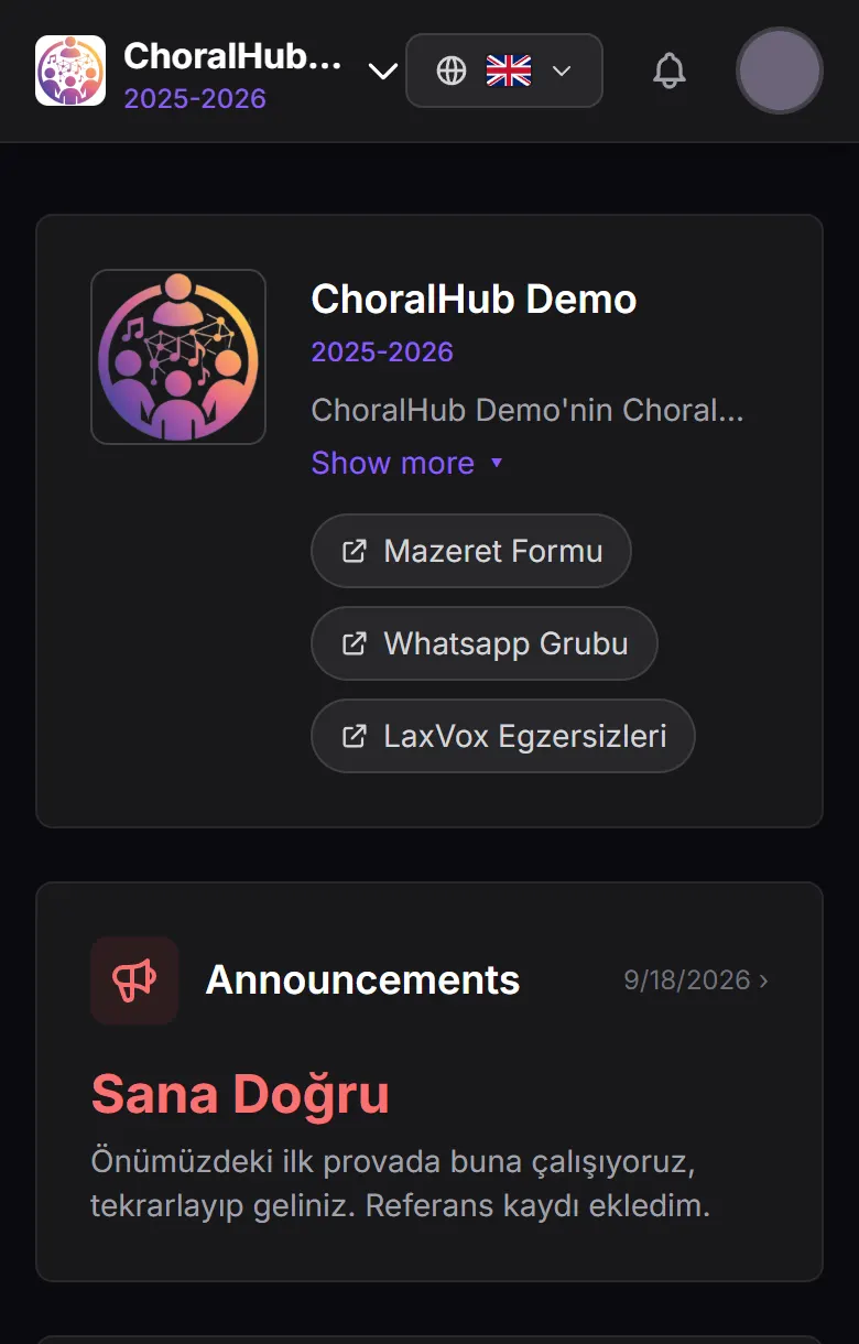 Home: the choir card with its links, then the newest announcement