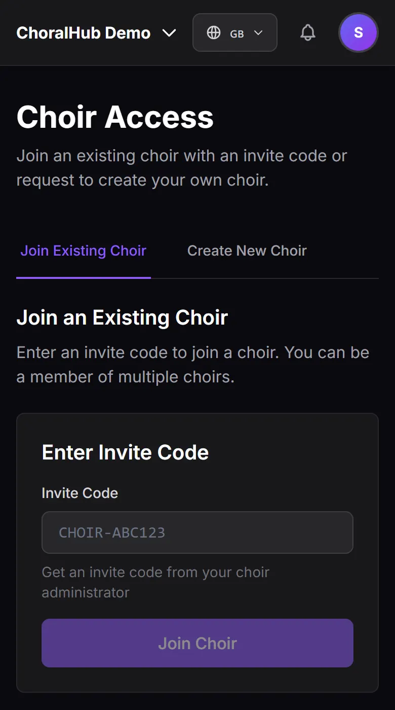 The Choir Access page with the invite code field