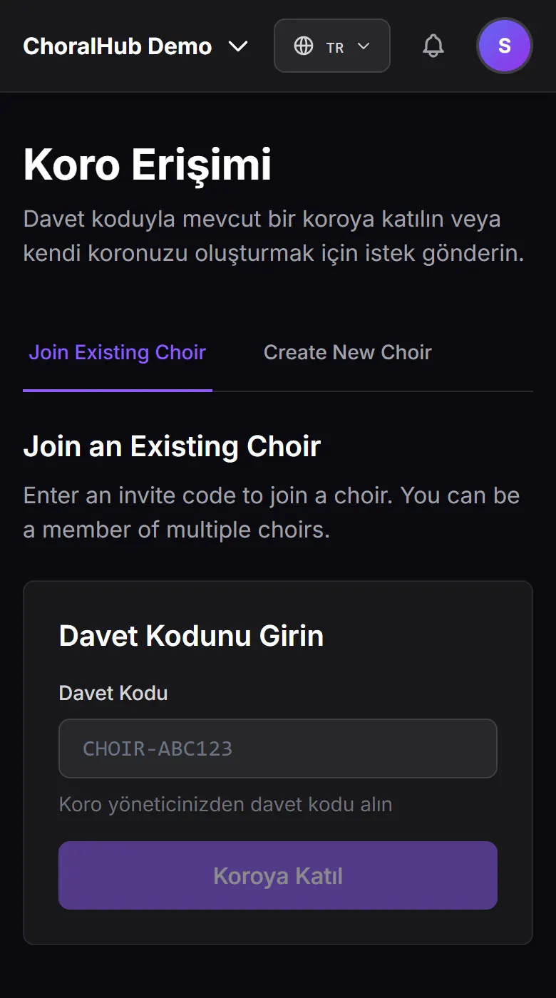 Davet kodu alanıyla Koro Erişimi sayfası