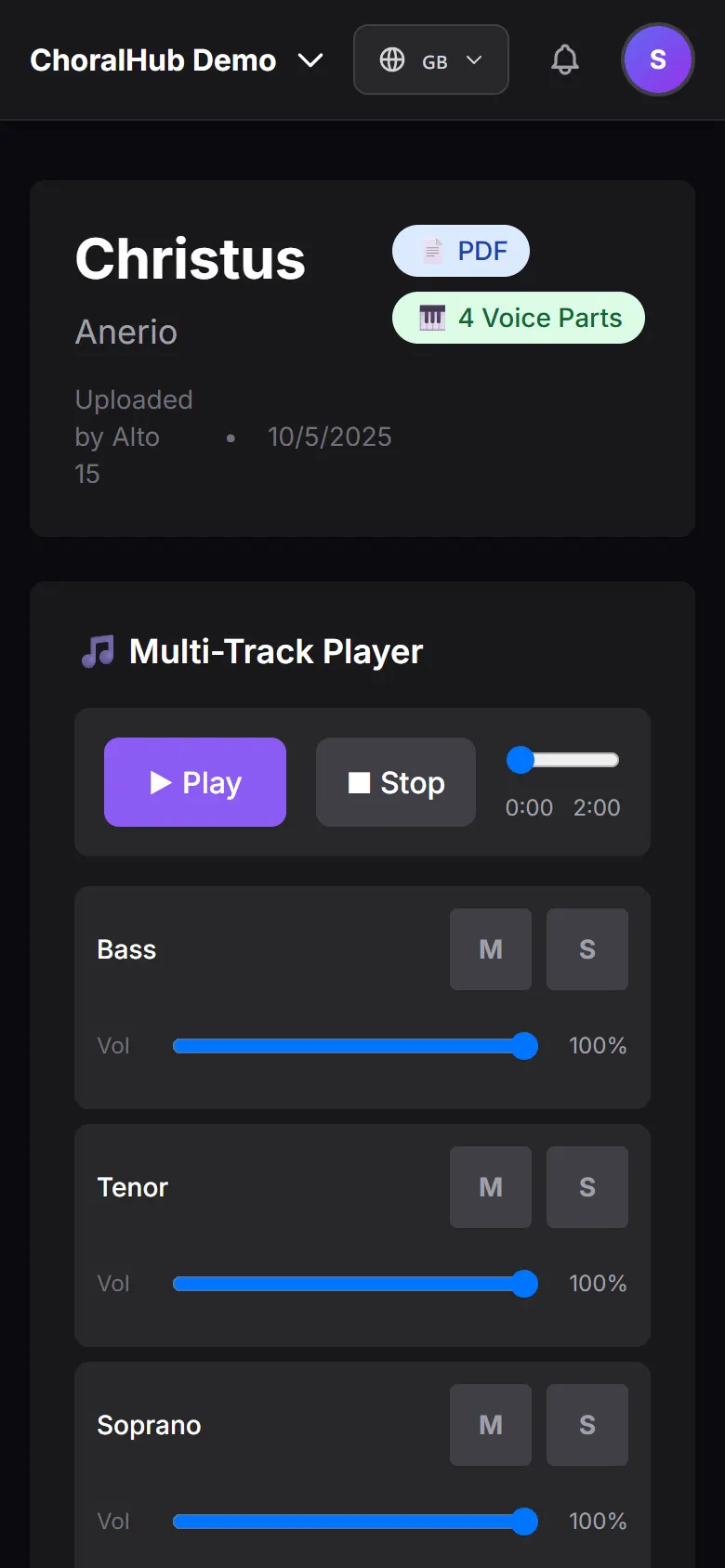 A piece page with the multi-track player: one row per voice part with mute, solo and volume