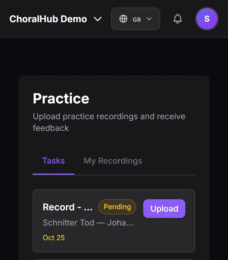 The Practice page with one pending task and its Upload button