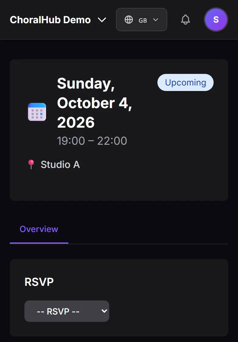 An upcoming rehearsal with the RSVP dropdown