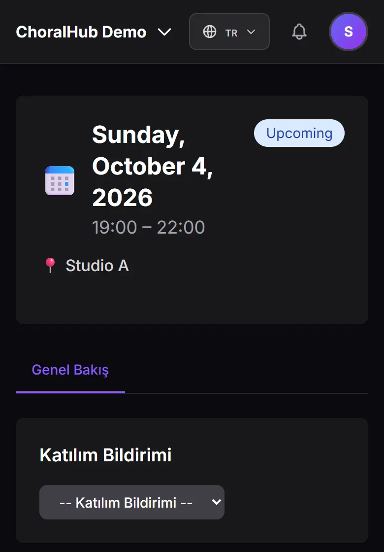 Katılım bildirimi menüsüyle yaklaşan bir prova